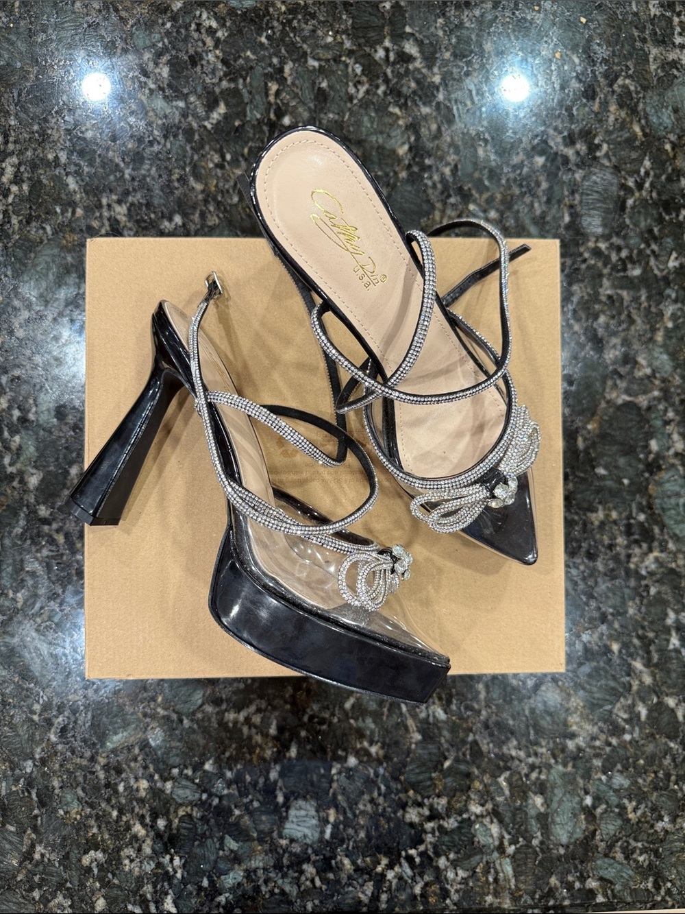 Black Rhinestone Lace-Up Platform Heels